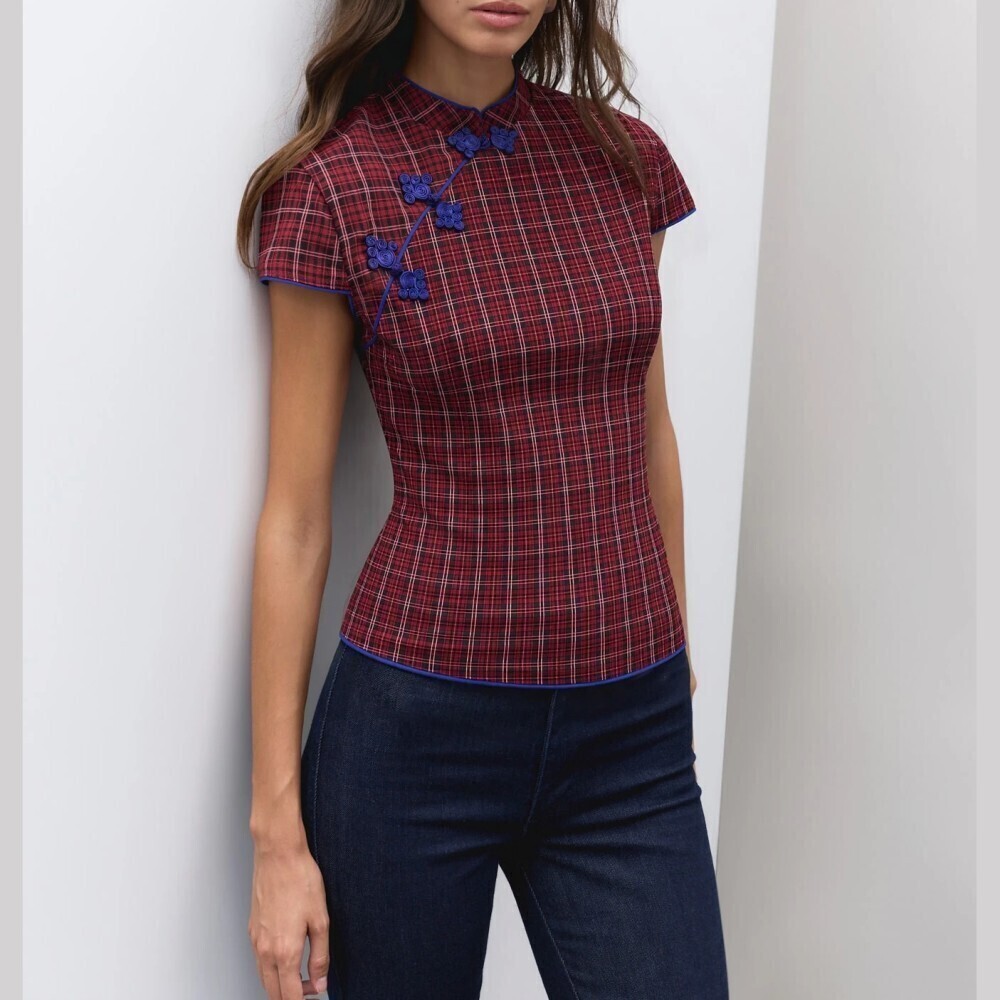 Red Plaid Frog Button Cheongsam Top with Blue Contrast Piping